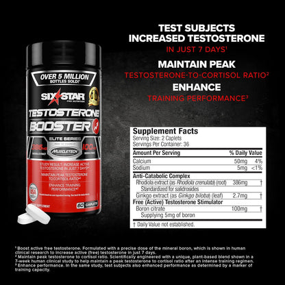Six Star Nutrition Testosterone Booster for Men with Rhodiola Extract and Boron Citrate - Male Gym Workout Supplements for Muscle Growth, Stamina & Energy - 60 Pills