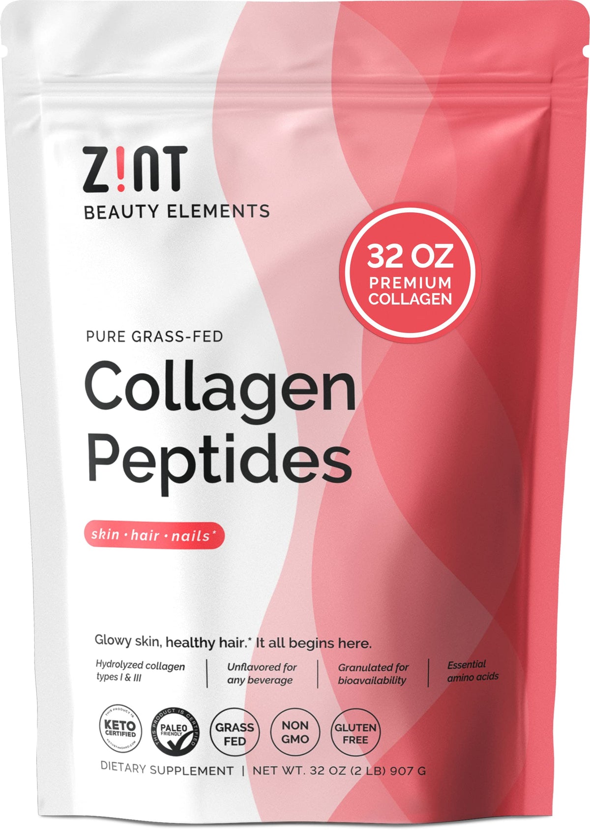 Zint Grass-Fed Hydrolyzed Collagen Peptides Powder (32 oz) - Unflavored, Keto & Paleo Friendly
