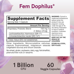 Jarrow Formulas Fem-Dophilus Probiotics 1 Billion CFU With 2 Clinically Effective Strains, Dietary Supplement for Vaginal Health and Urinary Tract Health, 60 Veggie Capsules, 60 Day Supply