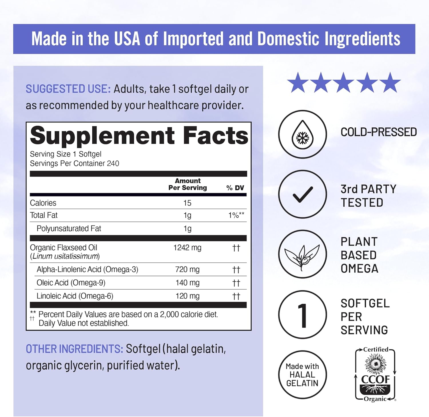 NatureWise Flaxseed Oil 1200 mg, Fish Free Omega 3 6 9 with 720mg ALA, Dietary Supplement for Heart Health Support - Organic, Cold Pressed, Non-GMO - 240 Softgels[8-Month Supply]