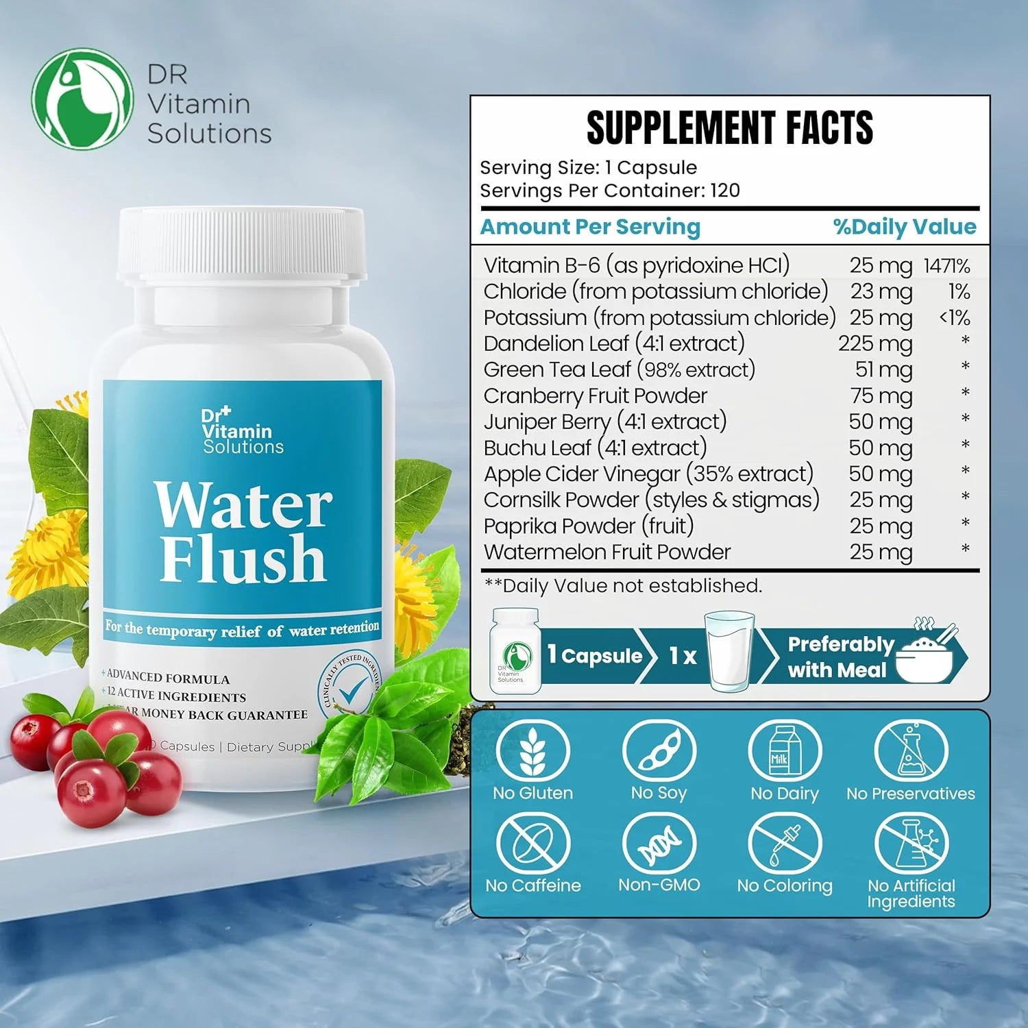 Diuretic water pills with green tea and cranberry for weight control and bloating relief