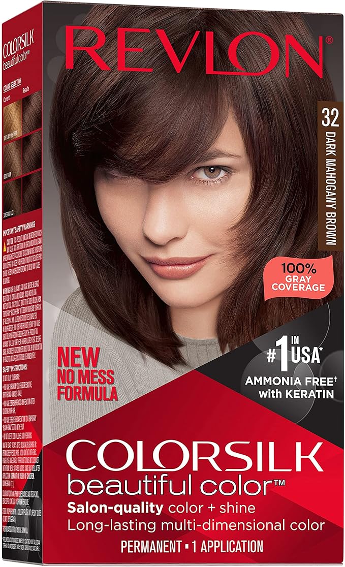 Revlon ColorSilk with Bond Repair Complex, Permanent Hair Color, 100% Gray Coverage, Ammonia Free Hair Dye, Vegan Keratin, 32 Dark Mahogany Brown