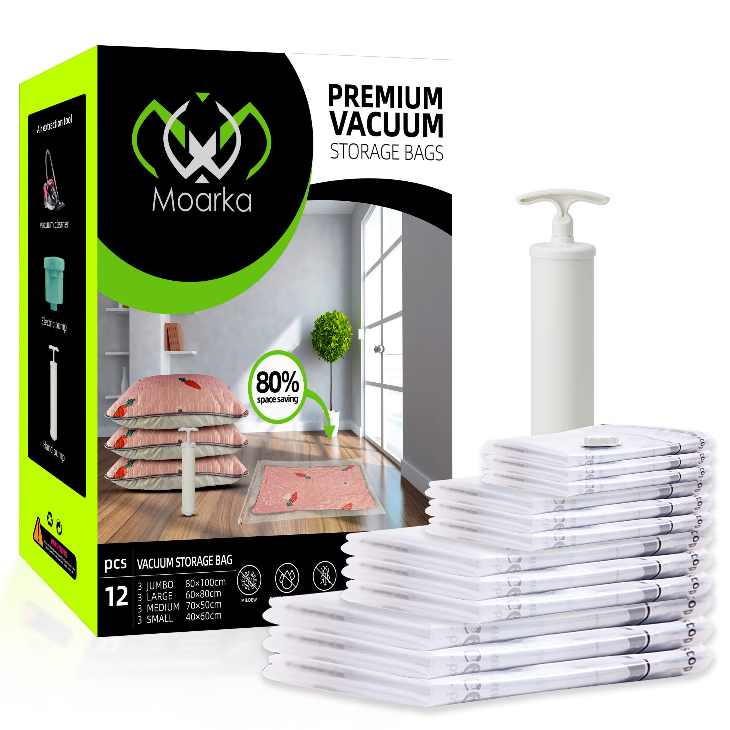 Vacuum Storage Bags with Travel Hand Pump - Space Saver Compression for Home & Travel (12-Pack)