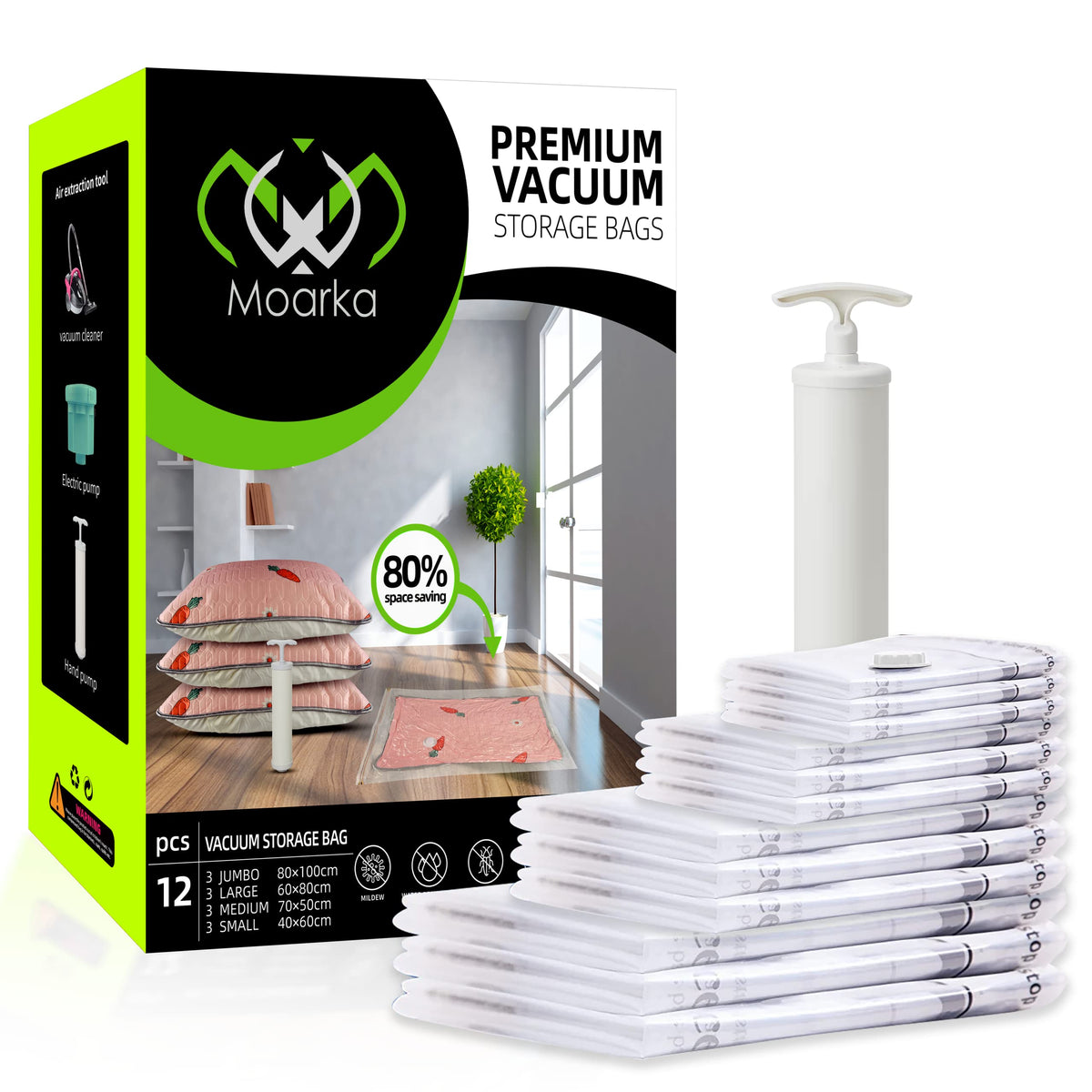 Vacuum Storage Bags with Travel Hand Pump - Space Saver Compression for Home & Travel (12-Pack)