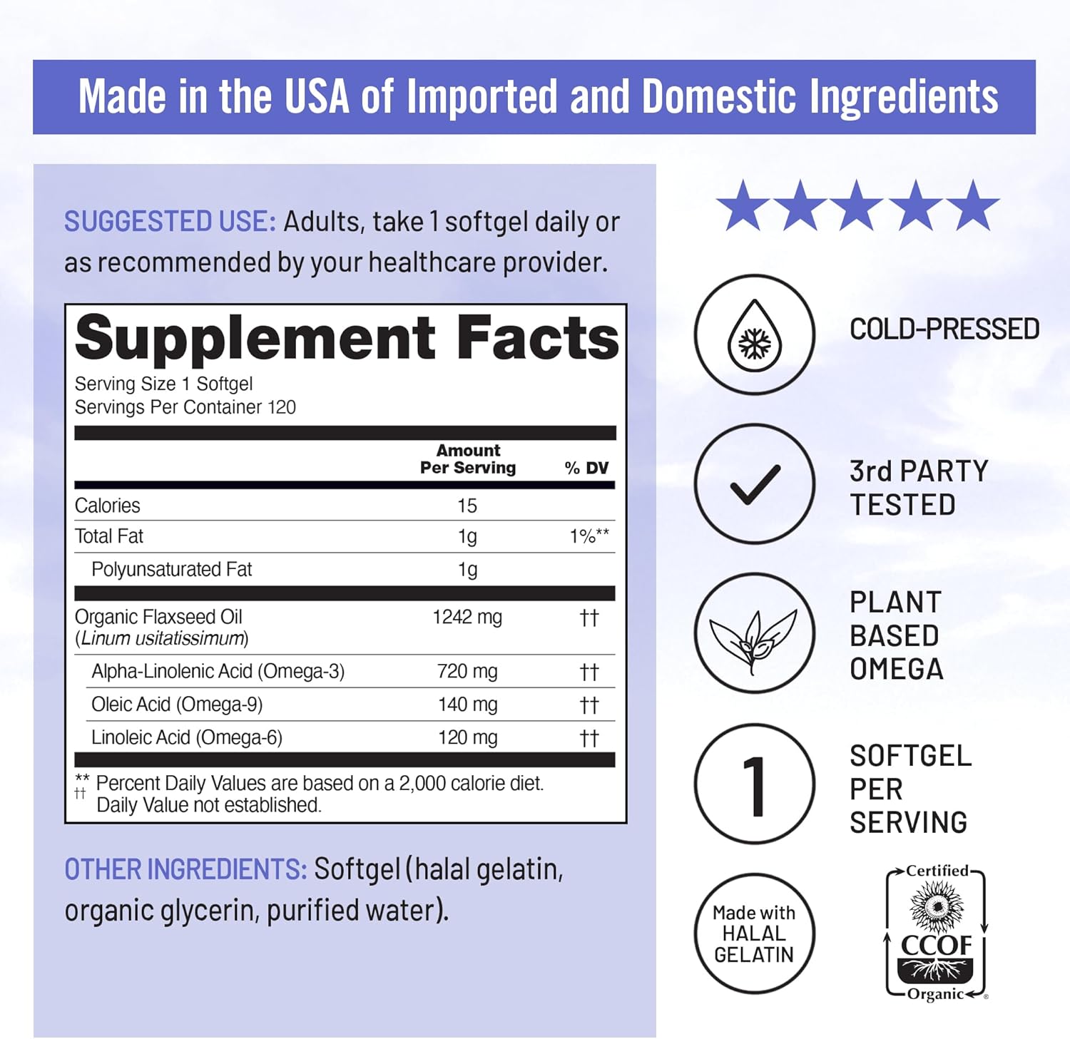 NatureWise Flaxseed Oil 1200 mg, Fish Free Omega 3 6 9 with 720mg ALA, Dietary Supplement for Heart Health Support - Organic, Cold Pressed, Non-GMO - 120 Softgels[4-Month Supply]