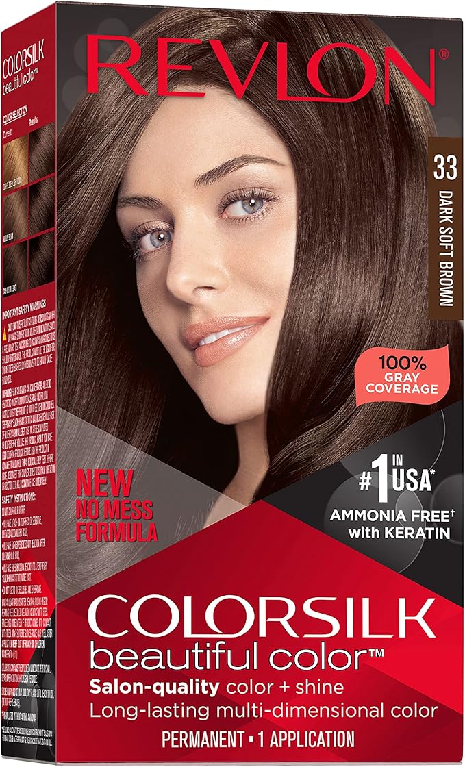REVLON Colorsilk Beautiful Color Permanent Hair Color, Long-Lasting High-Definition Color, Shine & Silky Softness with 100% Gray Coverage, Ammonia Free, 033 Dark Soft Brown, 1 Pack