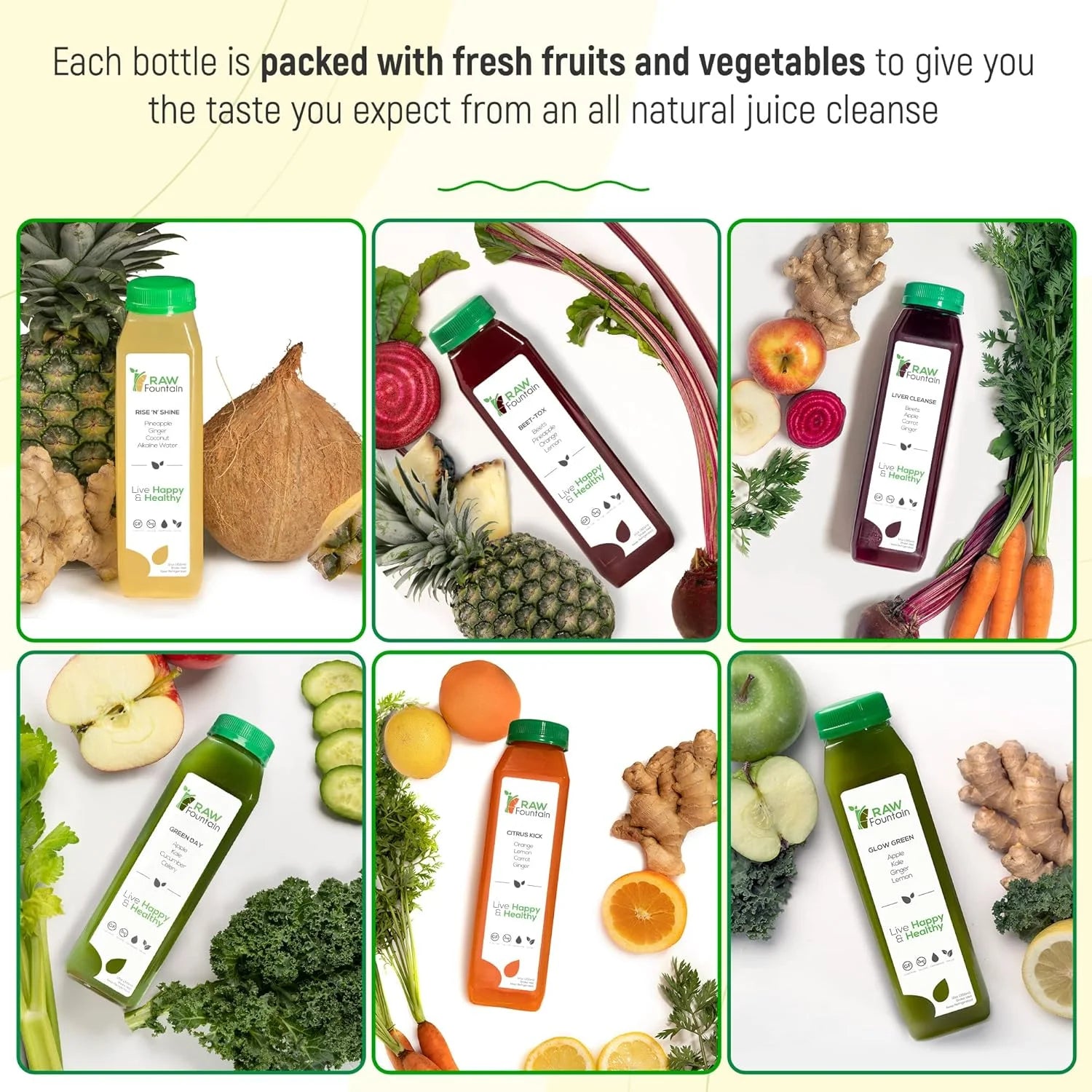 3 Day Juice Cleanse by Raw Fountain، 18 زجاجة 12 أونصة، 3 shots of ginger.