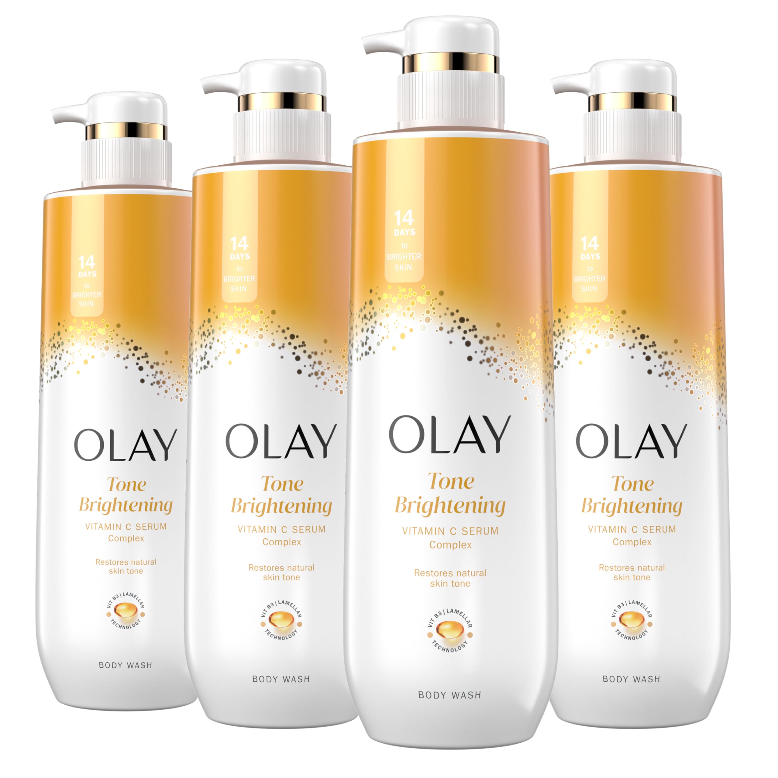 Olay Body Wash for Women - Tone Brightening Exfoliation with Vitamin C & B3 - Paraben & Phthalate Free - 20 fl oz (Pack of 4)