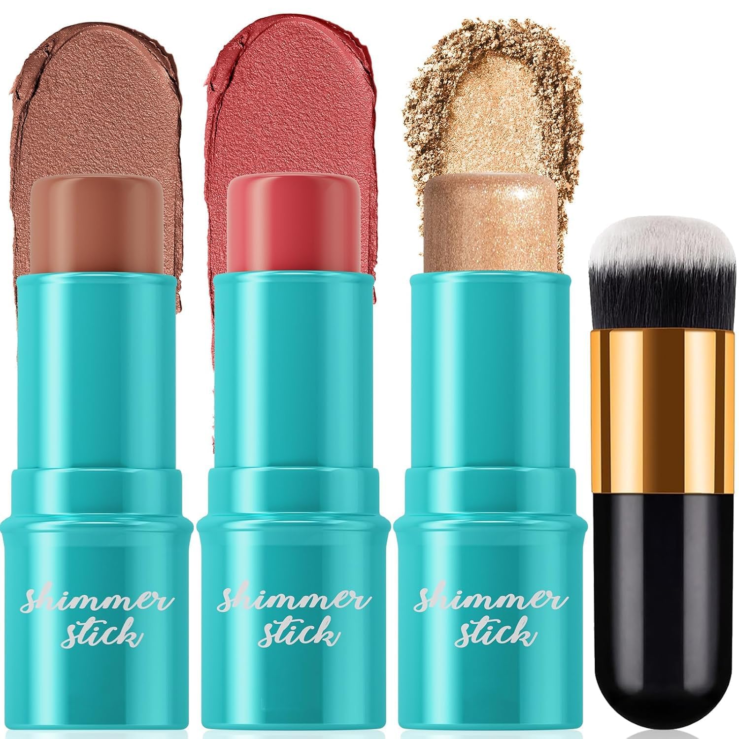 3 Pcs Cream Contour Stick Makeup Set with Brush | Bronzer, Blush & Highlighter | Long-Lasting & Waterproof