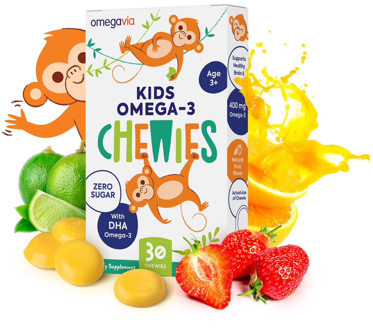 OmegaVia Omega 3 Gummies - High DHA for Kids Brain & Eye Health - Sugar-Free Natural Fruit Flavor - 60 Gummies