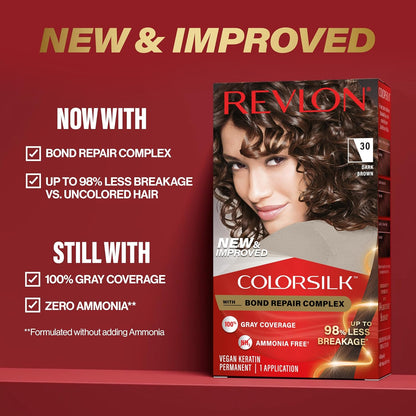 Revlon ColorSilk with Bond Repair Complex, Permanent Hair Color, 100% Gray Coverage, Ammonia Free Hair Dye, Vegan Keratin, 20 Brown Black