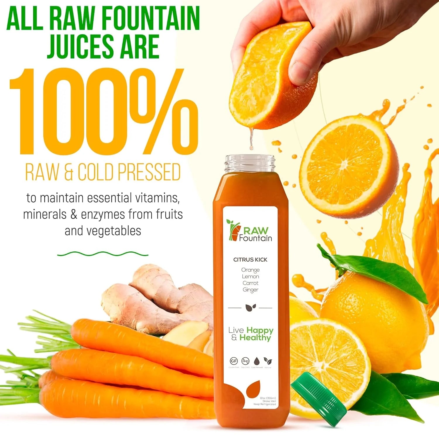 3 Day Juice Cleanse by Raw Fountain، 18 زجاجة 12 أونصة، 3 shots of ginger.