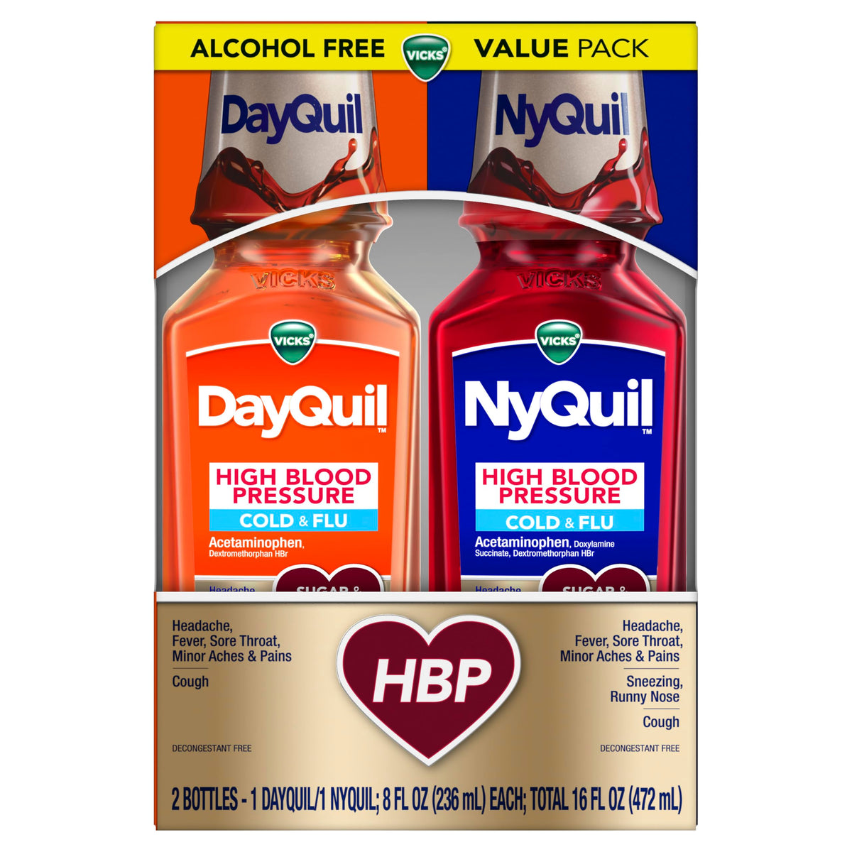 Vicks DayQuil & NyQuil HBP Cold & Flu Relief Liquid Combo Pack (2 x 8 FL OZ)