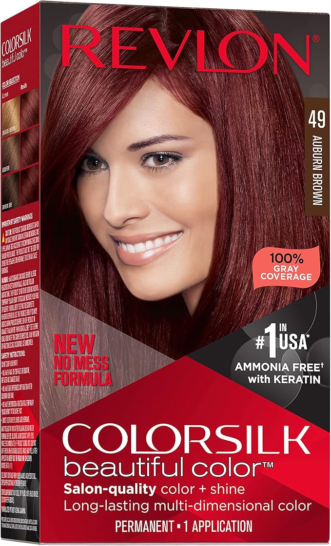 Revlon ColorSilk with Bond Repair Complex, Permanent Hair Color, 100% Gray Coverage, Ammonia Free Hair Dye, Vegan Keratin, 49 Auburn Brown