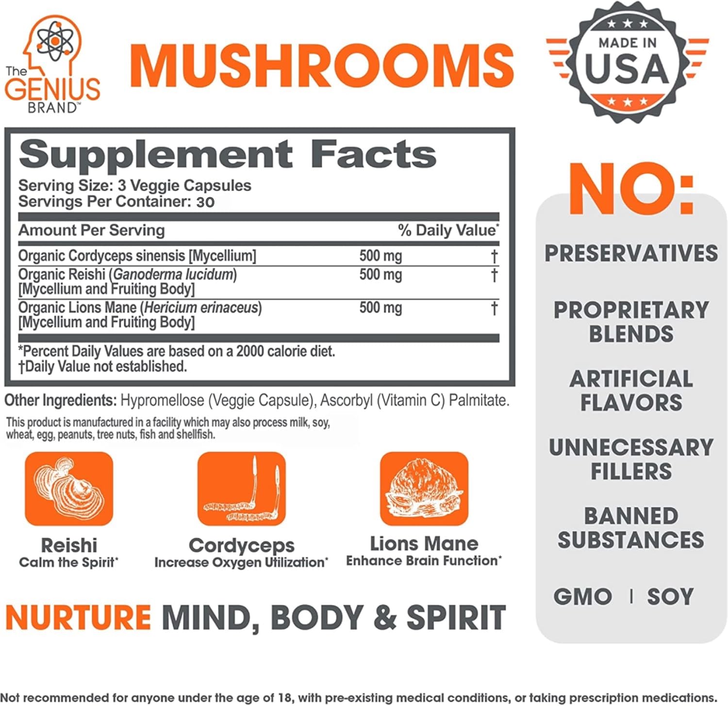 Genius Mushroom supplement: Lions Mane, Cordyceps, and Reishi for immune and brain health.