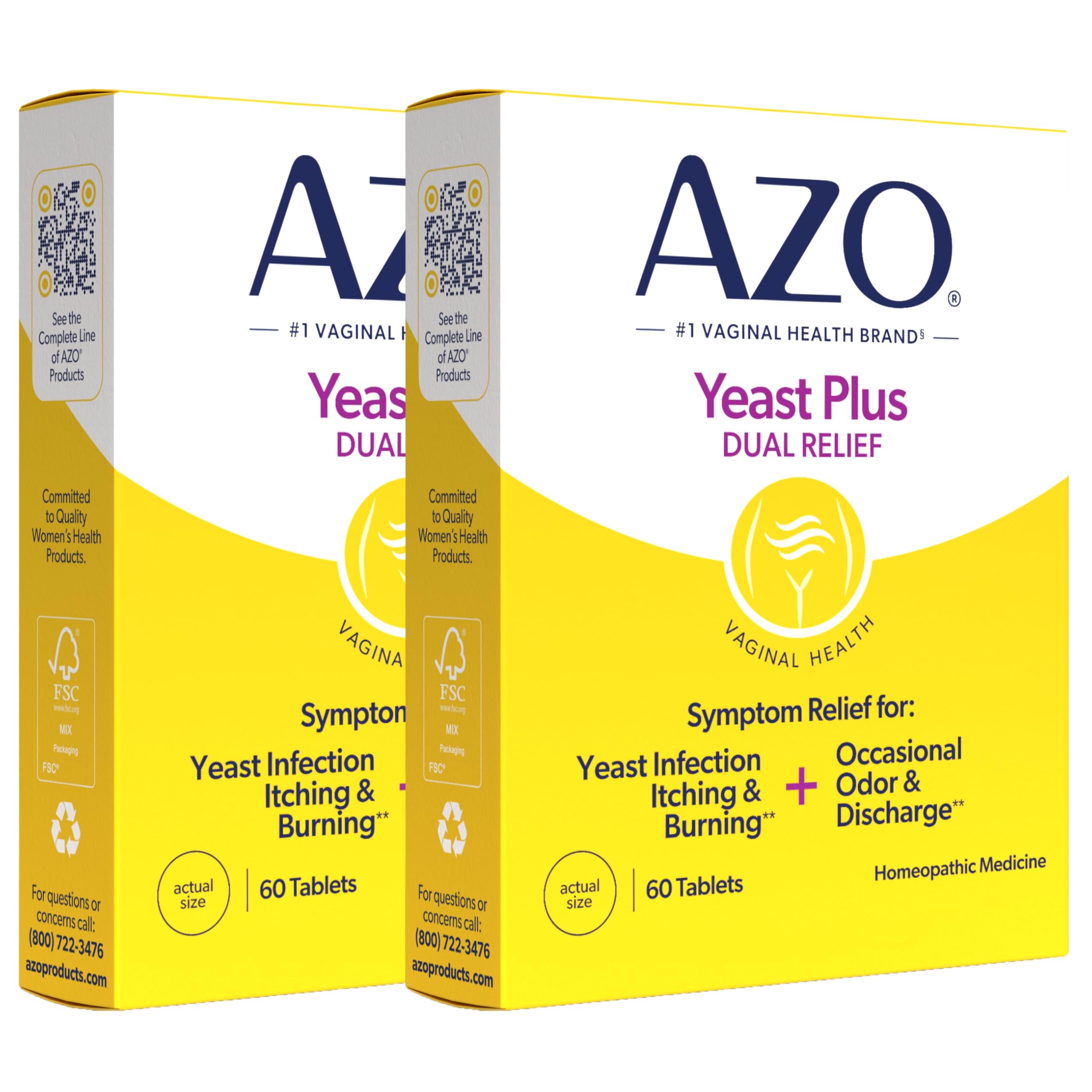 AZO Yeast Plus Dual Relief Homeopathic Medicine (2 Pack, 120 Tablets)