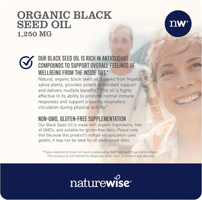 NatureWise Black Seed Oil Capsules 1250 mg - with 100% Organic Cold Pressed Nigella Sativa - Omega 3 6 9 - Antioxidant Immune Support, Hair & Skin - Non-GMO, Gluten-Free - 60 Softgels