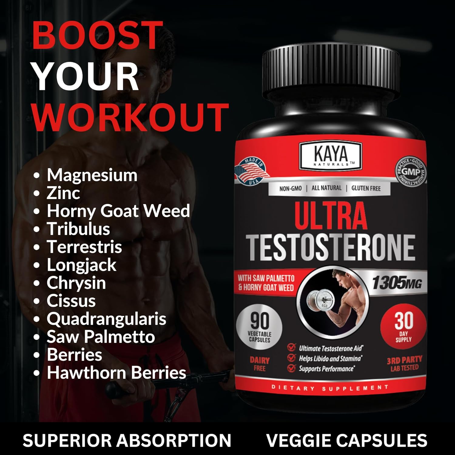 Kaya Naturals Ultra Testosterone، مع Tongkat Ali و Horny Goat Weed