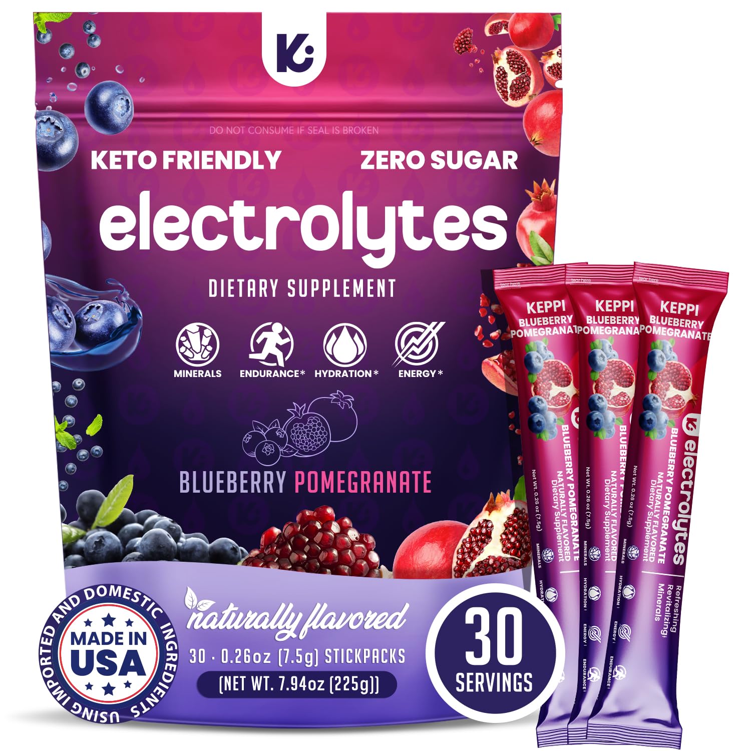 Keppi Blueberry Pomegranate Electrolytes Powder Packets - Sugar-Free & Keto-Friendly (30 Packets)