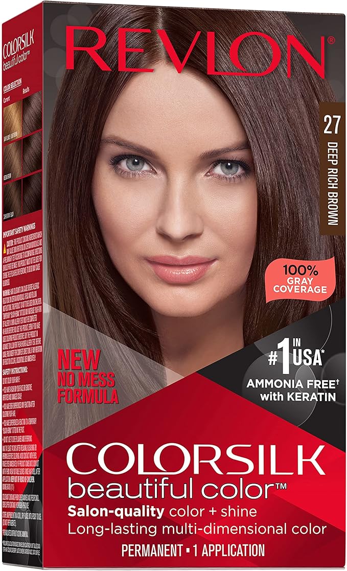 Revlon ColorSilk with Bond Repair Complex, Permanent Hair Color, 100% Gray Coverage, Ammonia Free Hair Dye, Vegan Keratin, 27 Deep Rich Brown