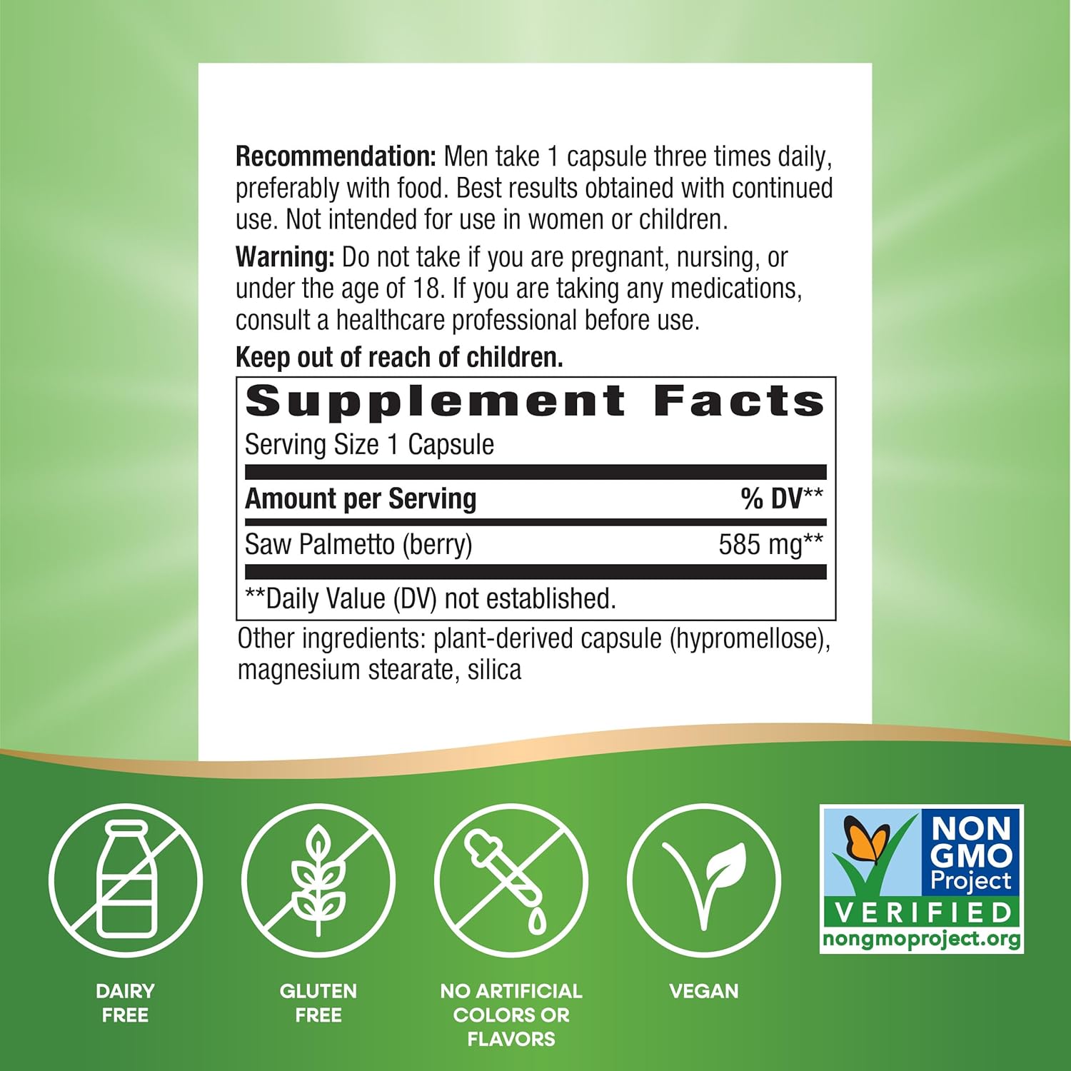 Nature's Way Saw Palmetto Berries, دعم البروستاتا التقليدي*، 585 مجم لكل وجبة، معتمد من مشروع الكائنات غير المعدلة وراثيًا، نباتي، 180 كبسولة (قد تختلف العبوة)
