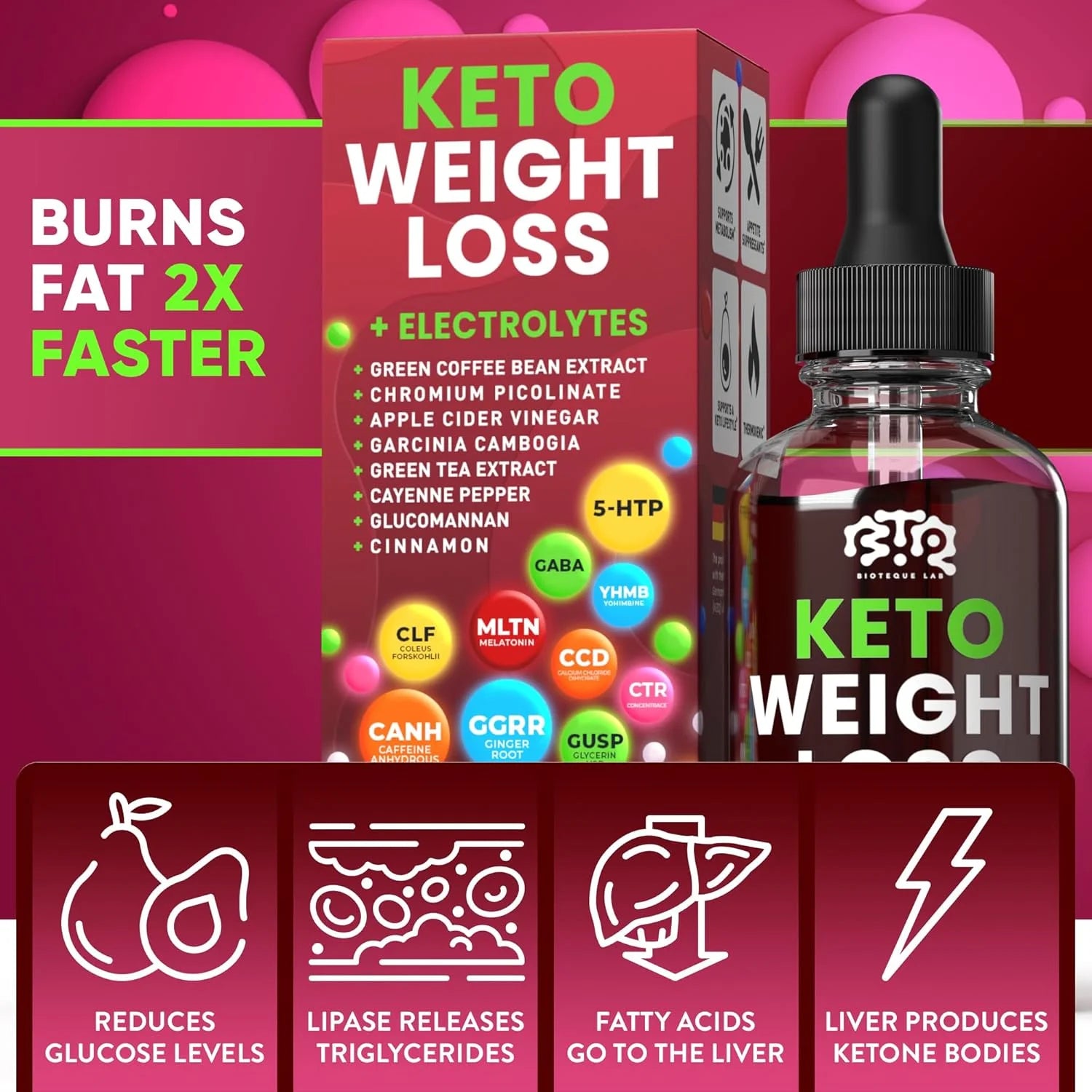 قطرات خسارة الوزن Keto، مع خل التفاح و خلاصة القهوة الخضراء