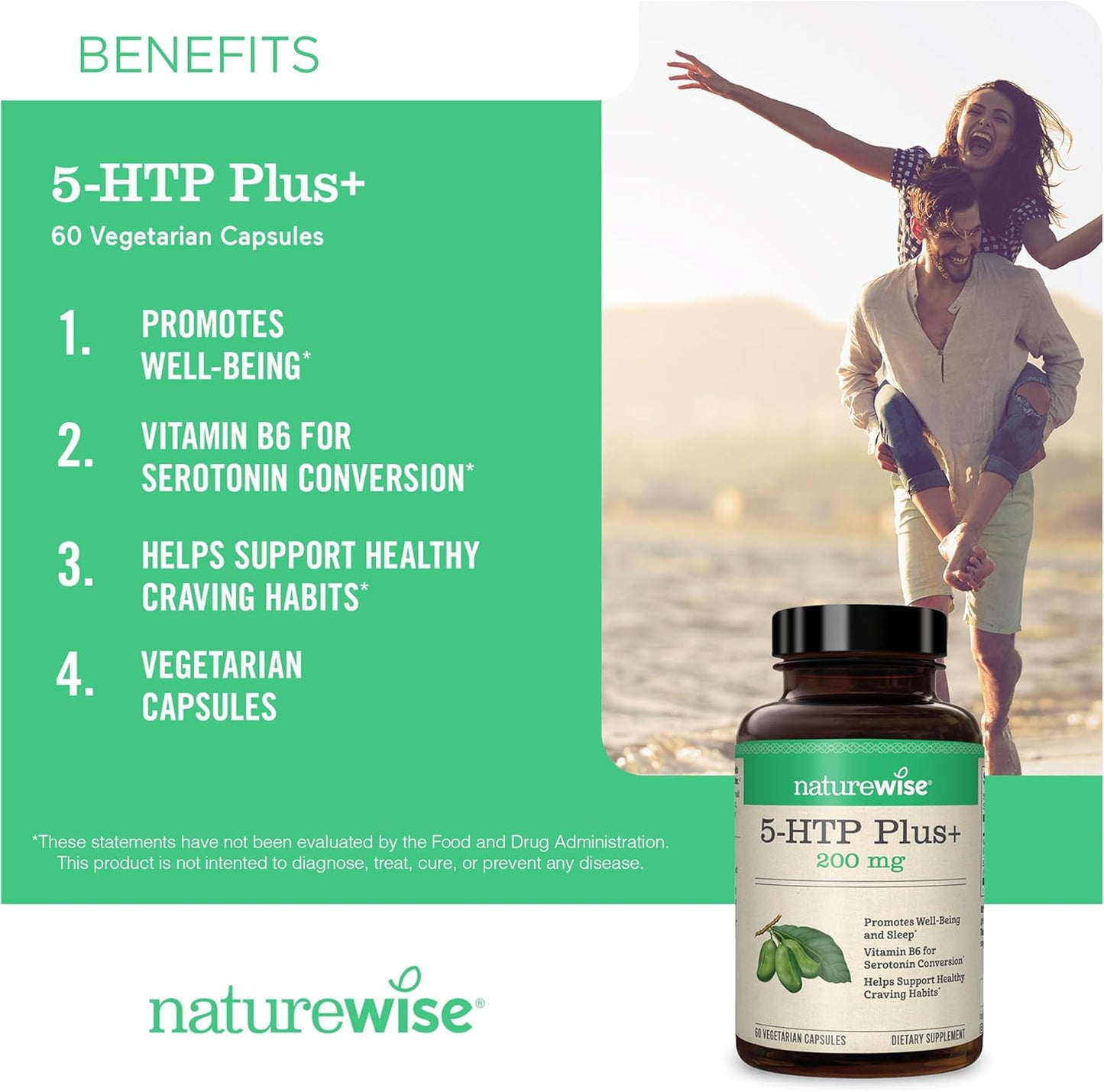 NatureWise 5-HTP 200mg Supplement from Griffonia Seeds with Cofactor Vitamin B6 - Mood Support and Natural Sleep Aid for Adults - Delayed-Release, Vegan - 60 Count[2-Month Supply]