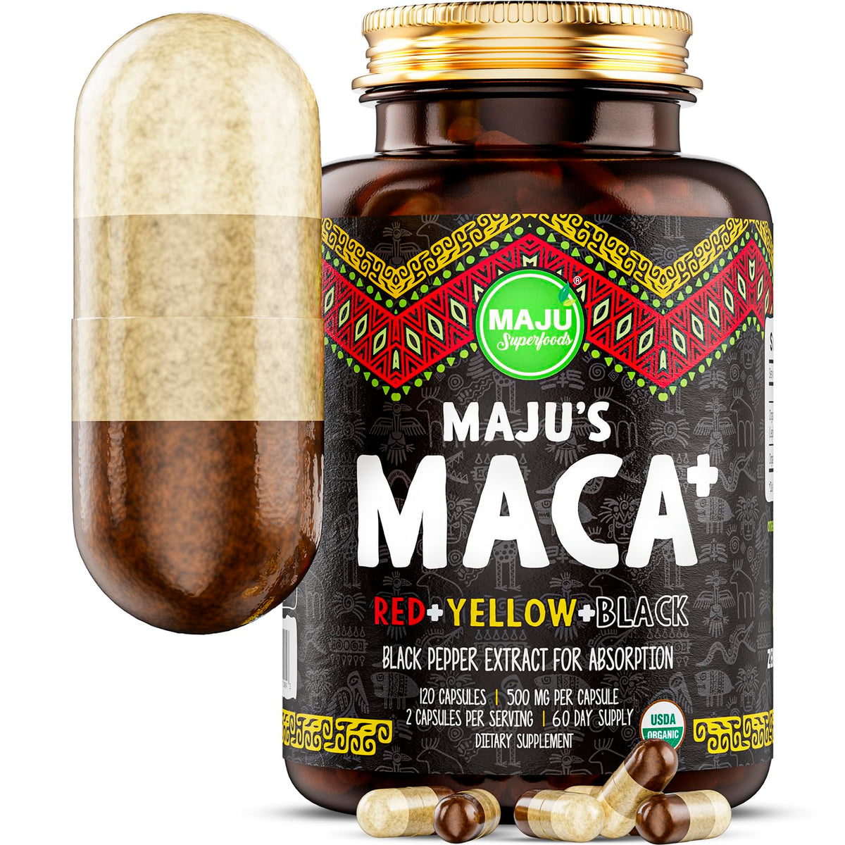 Maju Superfoods 4-in-1 Maca Root Capsules, Organic Peru Product with Black Pepper Extract for Enhanced Absorption, 60000mg Supplement (120 ct)