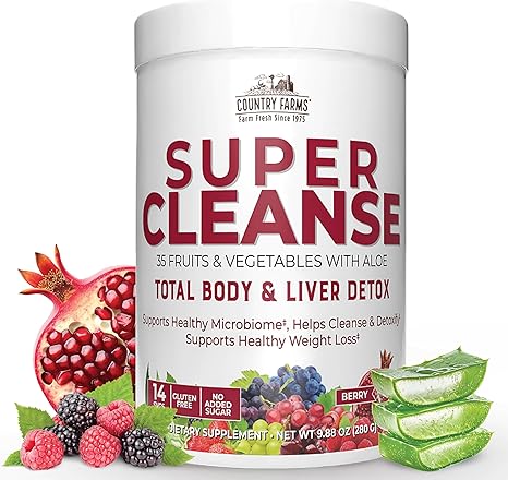 مسحوق ديتوكس بيري وصحة الجهاز الهضمي من Country Farms Super Cleanse ٢٨٠ جرام