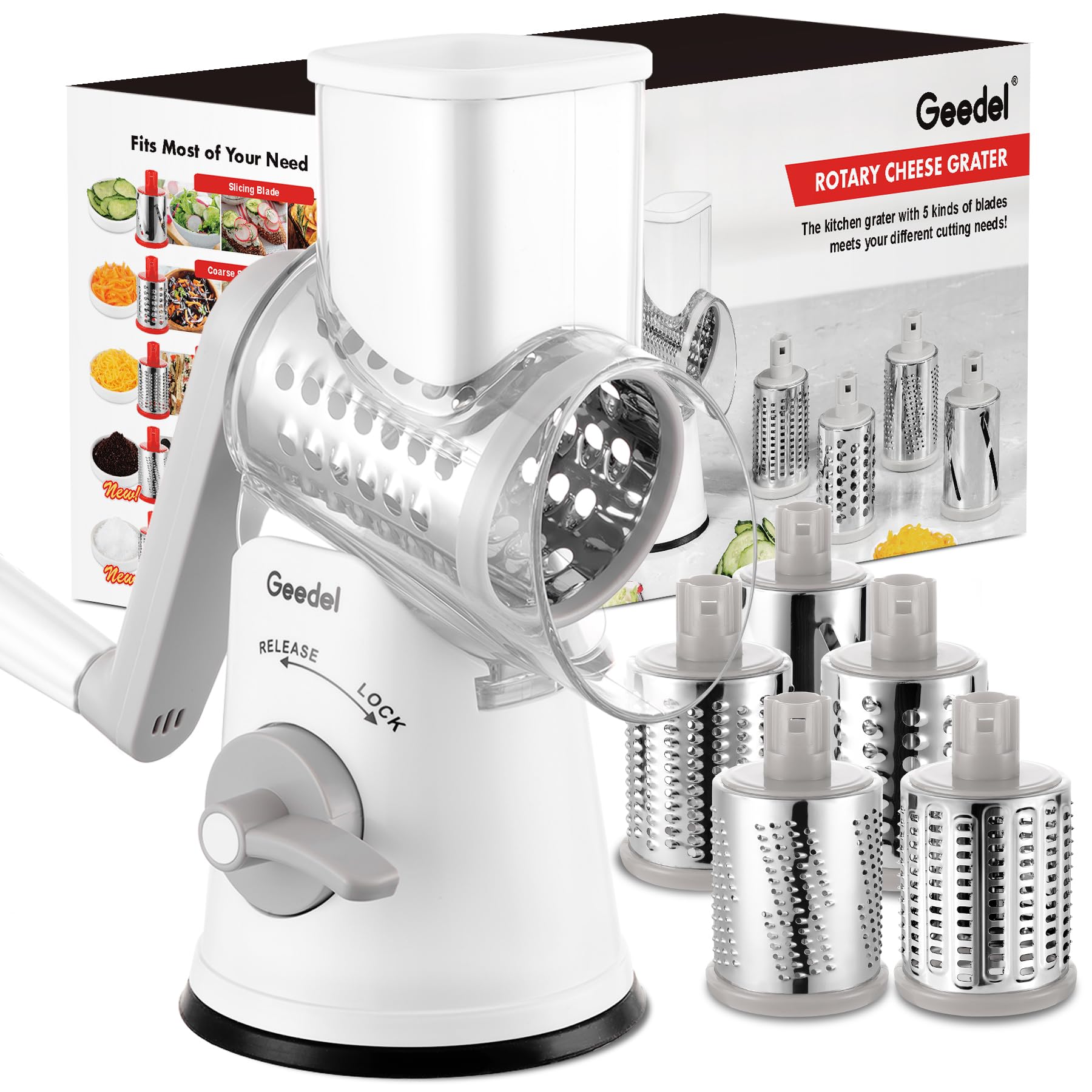 Geedel 5-in-1 Rotary Cheese Grater & Vegetable Shredder with Suction Base