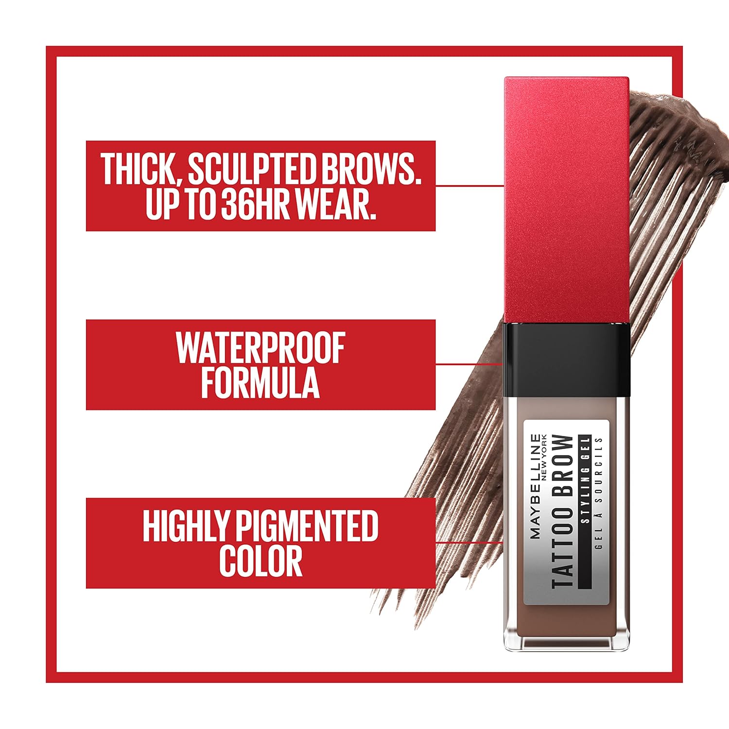 جل Eyebrow من Maybelline لون بني غامق، مقاوم للماء مع صبغة تستمر حتى 36 ساعة.