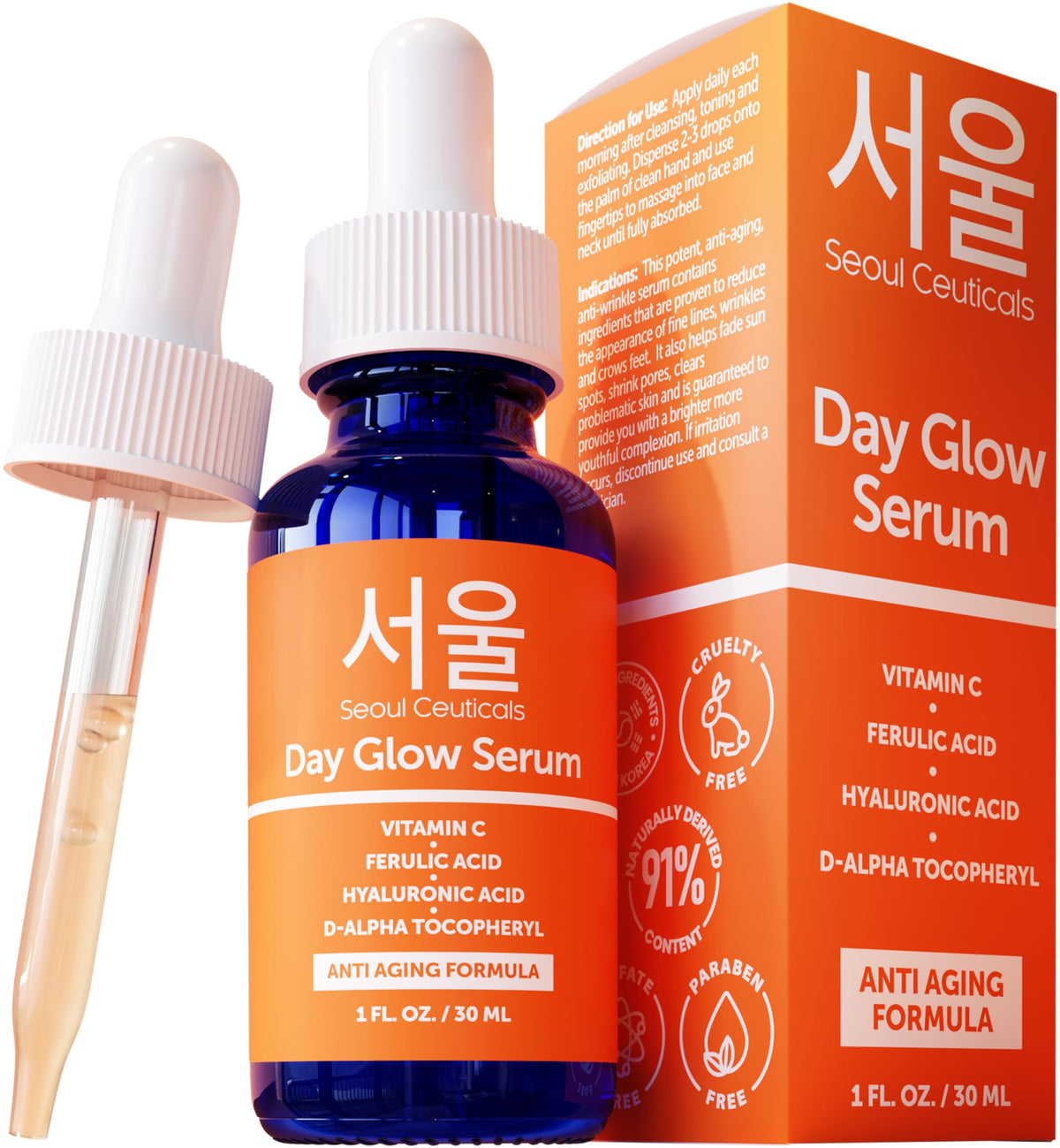 SeoulCeuticals 20% Vitamin C Hyaluronic Acid Serum + CE Ferulic Acid - Anti-Aging Korean Beauty Serum 1oz