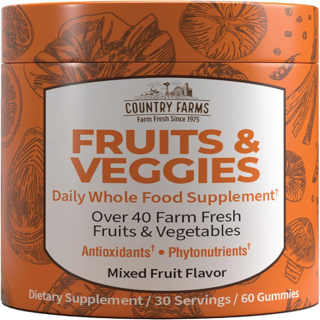 COUNTRY FARMS Fruits and Veggies Gummies, with Over 40 Farm Fresh Fruits & Vegetables, Packed with Powerful Antioxidants, (Spirulina, Blueberry, Mushrooms), Daily Whole Food Supplement, Pectin Based