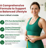 Berberine HCl Complex 1300mg 97% for Metabolic & Weight Management W/ Ceylon Cinnamon, Bitter Melon, Gymnema, 90 Veggie Caps