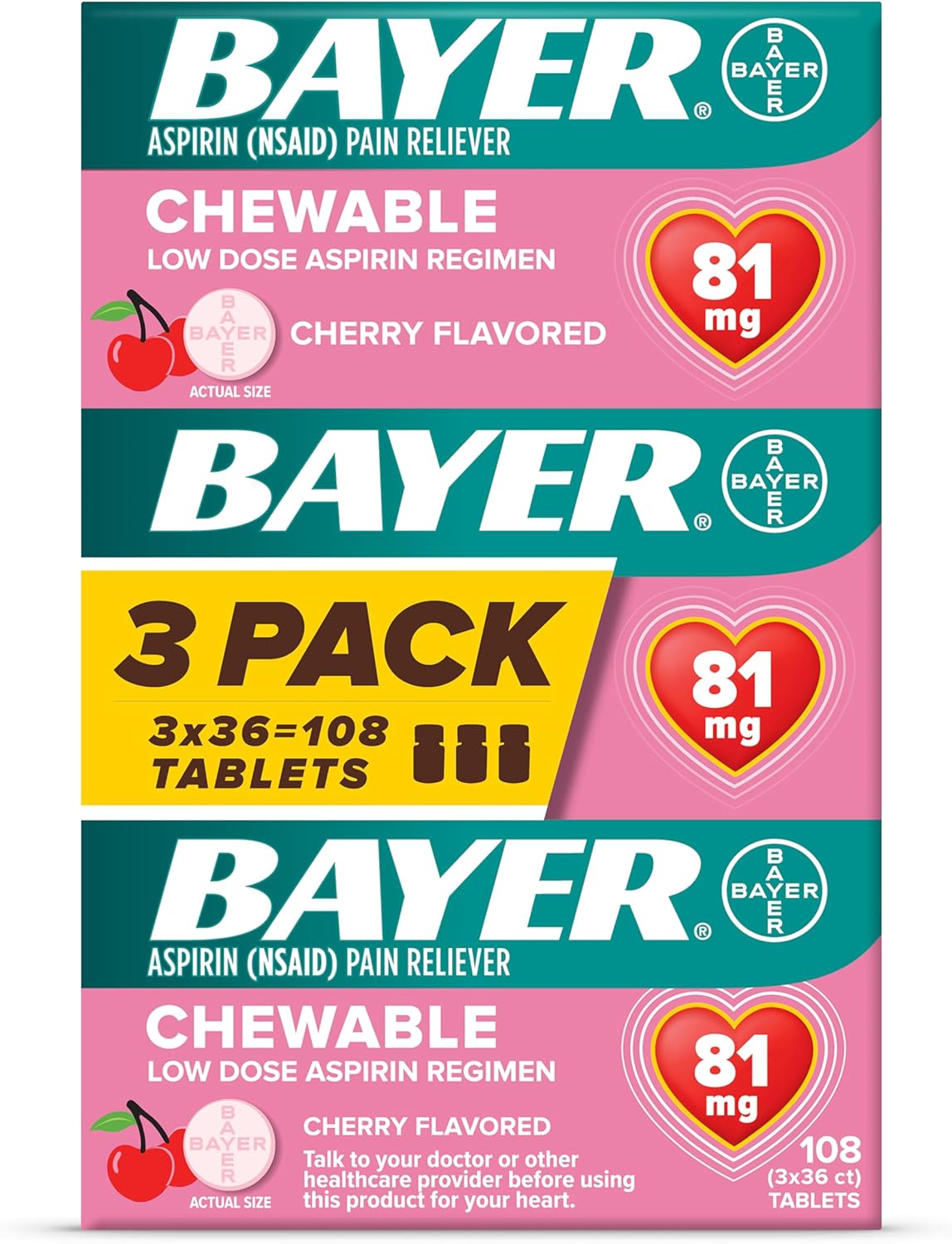 Bayer أسبيرين بجرعة منخفضة بتركيز ٨١ ملغ قابل للمضغ للحفاظ على صحة القلب وتخفيف الألم (٣٦ قرص)