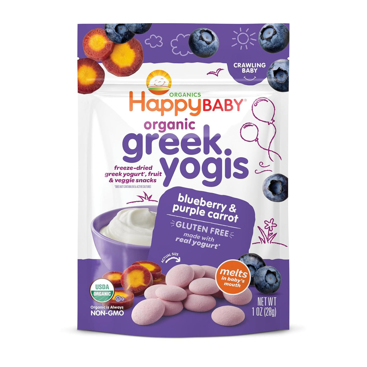 Happy Baby Organics Greek Yogis Freeze Dried Yogurt & Fruit Snacks, Blueberry & Purple Carrot, Packaging May Vary, 1 Oz