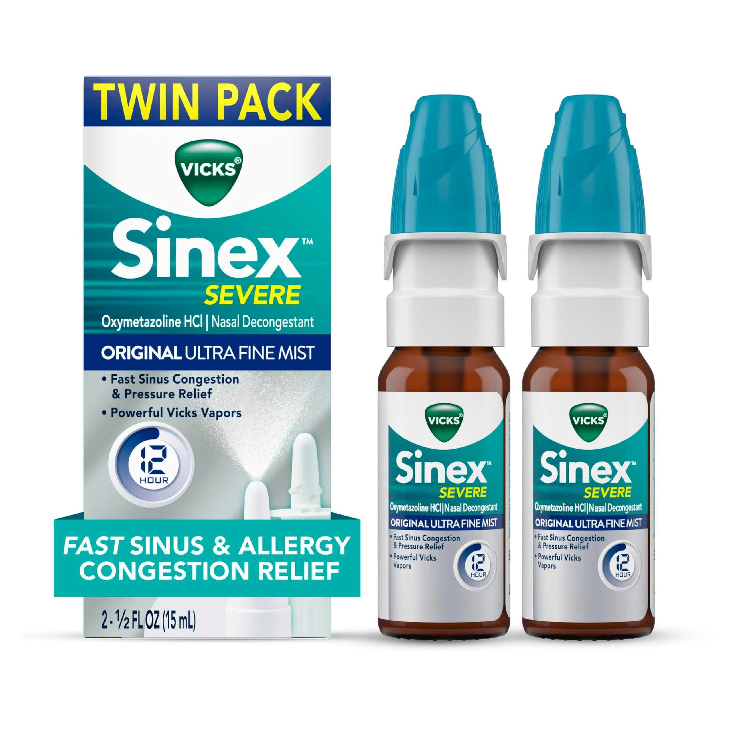 Vicks Sinex SEVERE Nasal Spray - Ultra Fine Mist Sinus Decongestant Twin Pack, 2 x 0.5 FL OZ