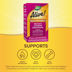 Nature's Way Alive! Max3 Potency Women's Complete Multivitamin، يدعم عملية التمثيل الغذائي للطاقة وصحة القلب والعظام*، مع فيتامينات ب بما في ذلك فيتامين ب12 الميثيلي وحمض الفوليك، 90 قرصًا (قد تختلف العبوة)