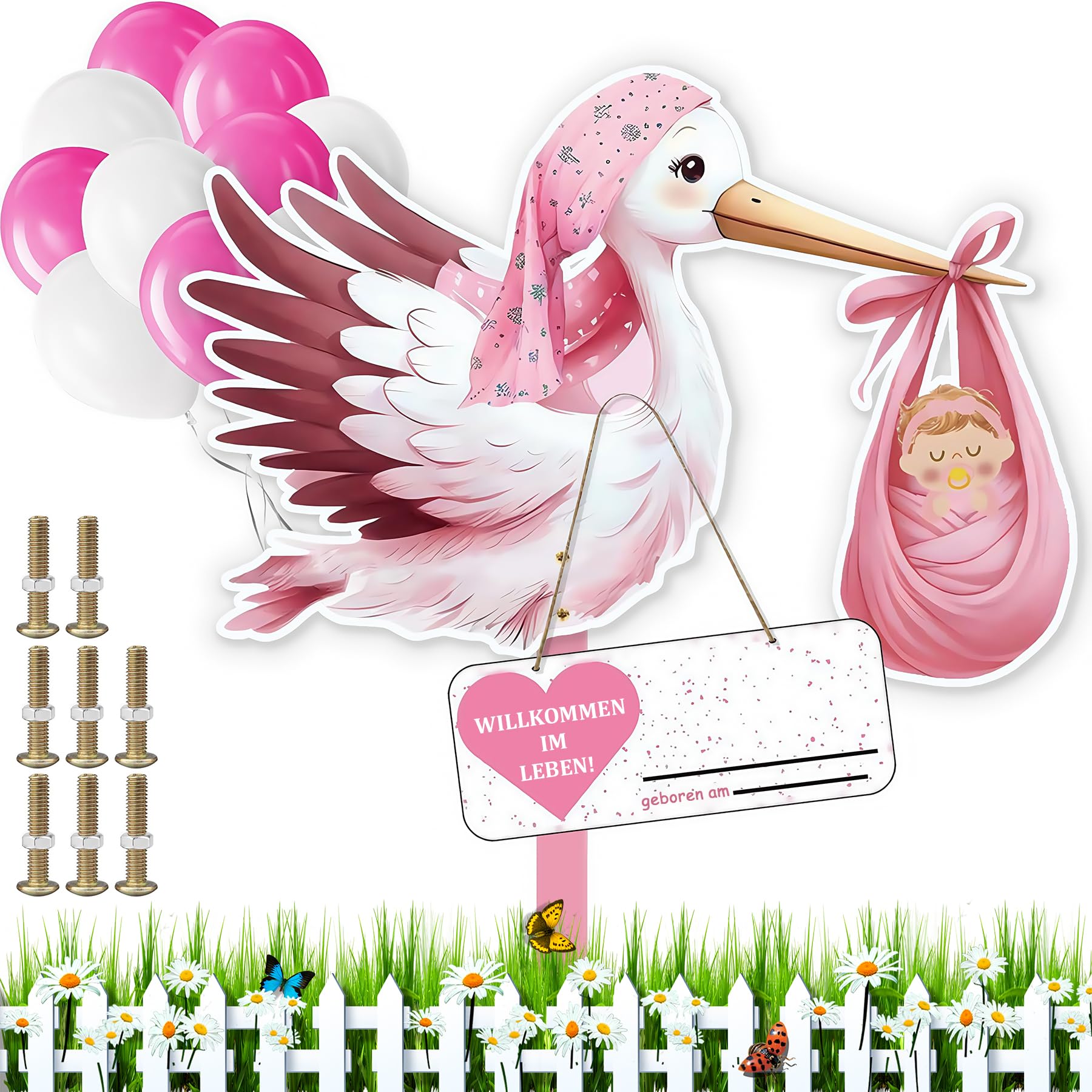 Outdoor Wooden Rattling Stork Set for Birth Announcement & Baby Showers