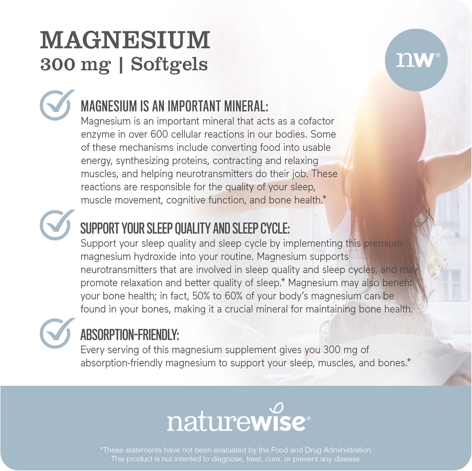 NatureWise Magnesium Softgels 300mg - Absorption-Friendly, Marine-Derived - Supplement for Sleep, Bone and Muscle Health - Non-GMO, Soy & Gluten-Free - 90 Count[1-Month Supply]