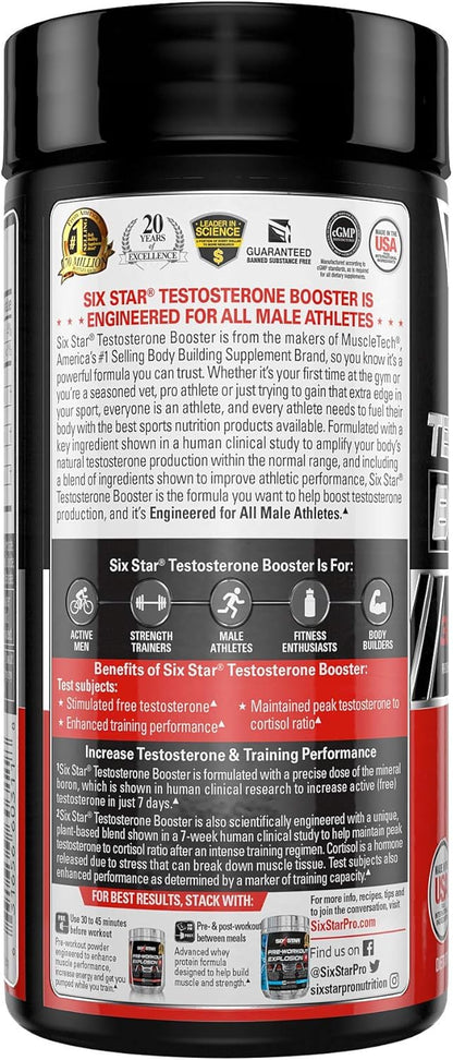 Six Star Nutrition Testosterone Booster for Men with Rhodiola Extract and Boron Citrate - Male Gym Workout Supplements for Muscle Growth, Stamina & Energy - 60 Pills