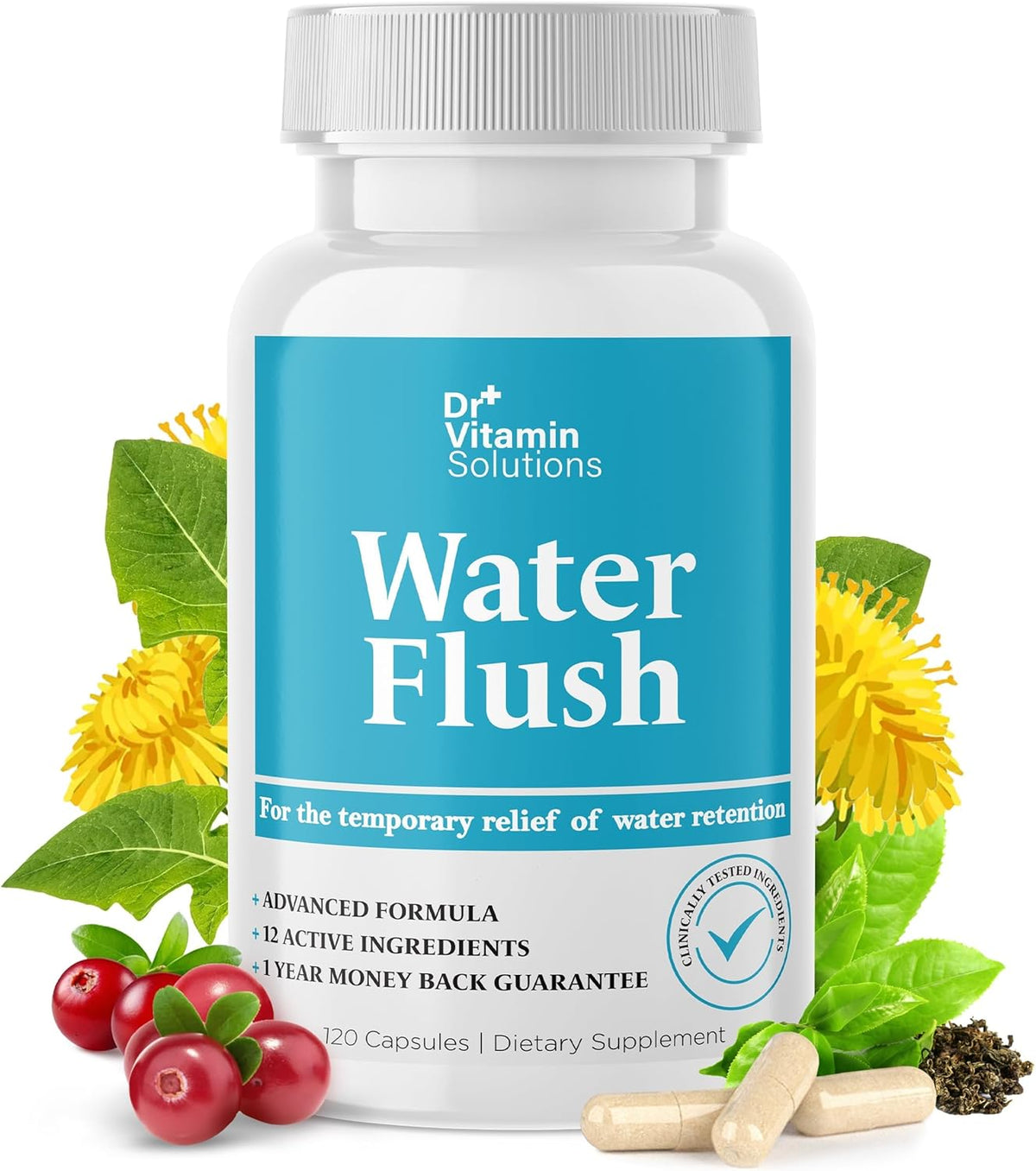 Diuretic water pills with green tea and cranberry for weight control and bloating relief