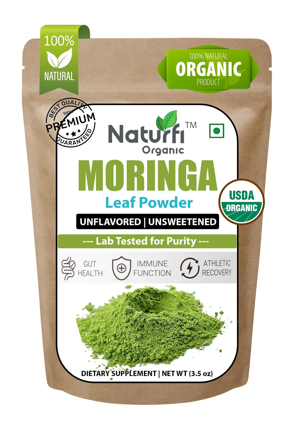Organic Moringa Powder - 100% Pure Moringa Oleifera Leaf Powder - 3.5 Oz (100g) - USDA Certified - Perfect for Smoothies & Recipes