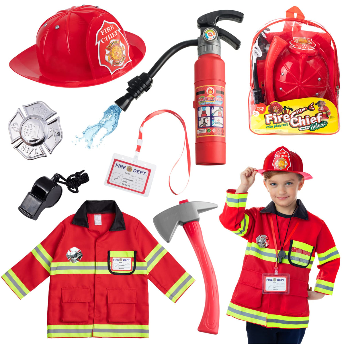 Born Toys 8 PC Premium Washable Kids Fireman Costume & Accessories Set