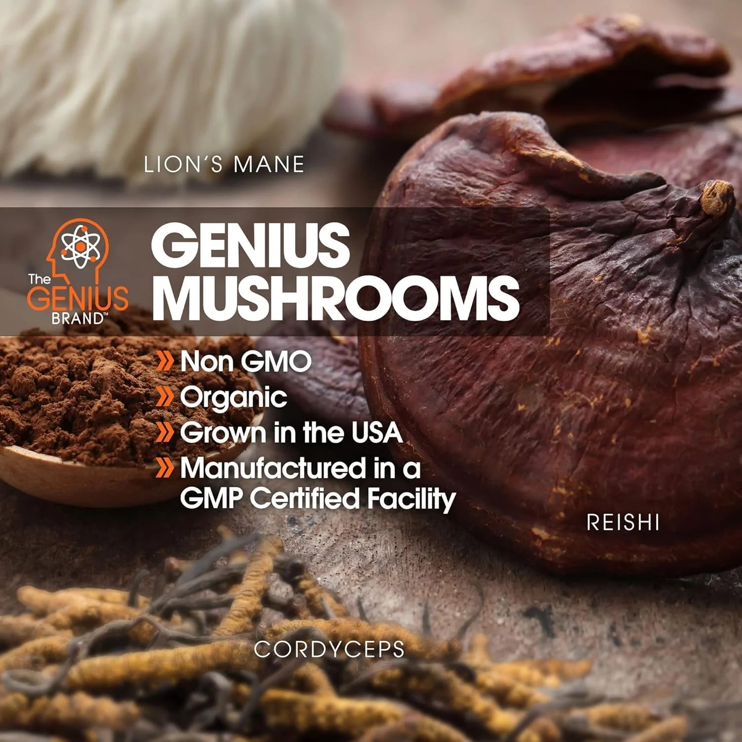 Genius Mushroom supplement: Lions Mane, Cordyceps, and Reishi for immune and brain health.