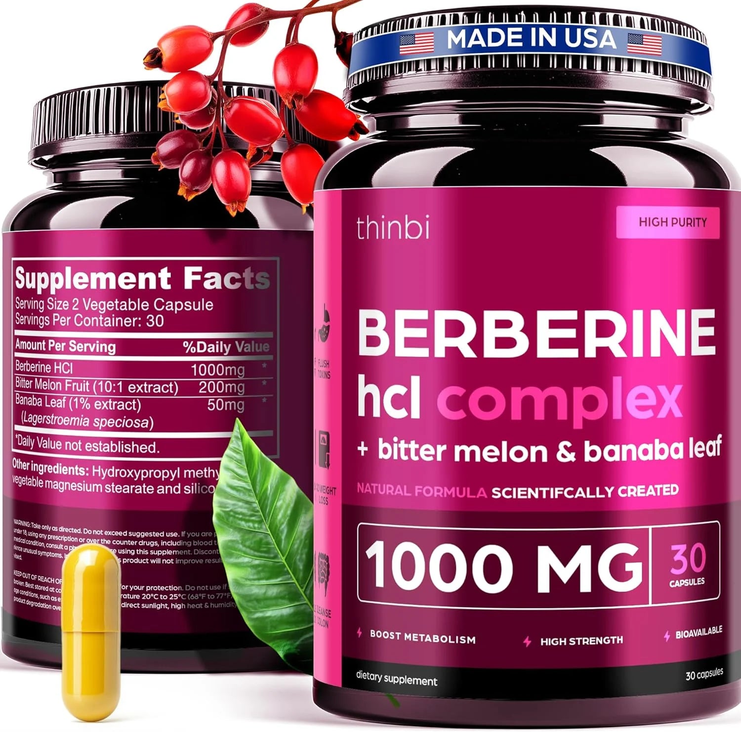 Berberine supplement capsules with bitter melon and banaba leaf for weight management