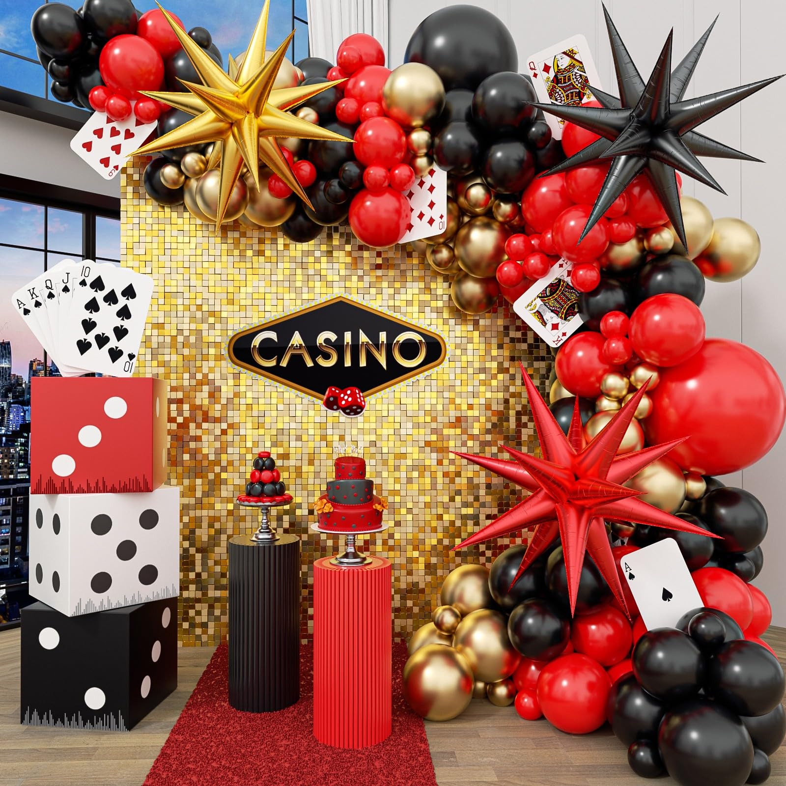 Casino Balloon Arch Kit with Red Black & Gold Balloons, Dice Boxes, Poker Cards - Casino Night Party Decor