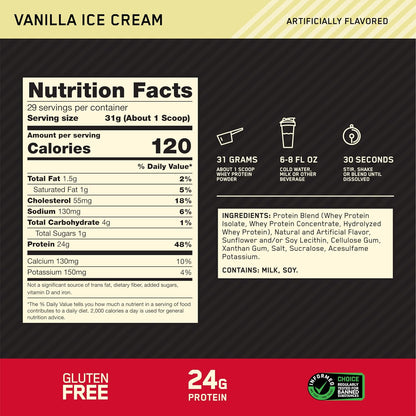 Optimum Nutrition Gold Standard 100% Whey Protein Powder, Vanilla Ice Cream, 2 Pound (Packaging May Vary)