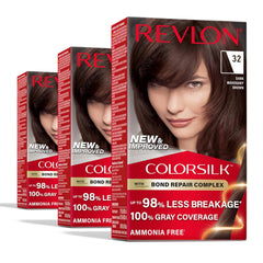 Revlon ColorSilk with Bond Repair Complex, Permanent Hair Color, 100% Gray Coverage, Ammonia Free Hair Dye, Vegan Keratin, 32 Dark Mahogany Brown