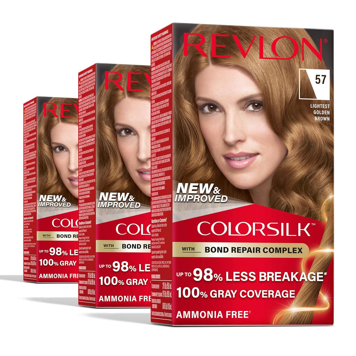صبغة شعر دائمة من REVLON Colorsilk Beautiful Color، لون عالي الدقة يدوم طويلاً، لمعان ونعومة حريرية مع تغطية 100% للشعر الرمادي، خالية من الأمونيا، 057 أفتح بني ذهبي